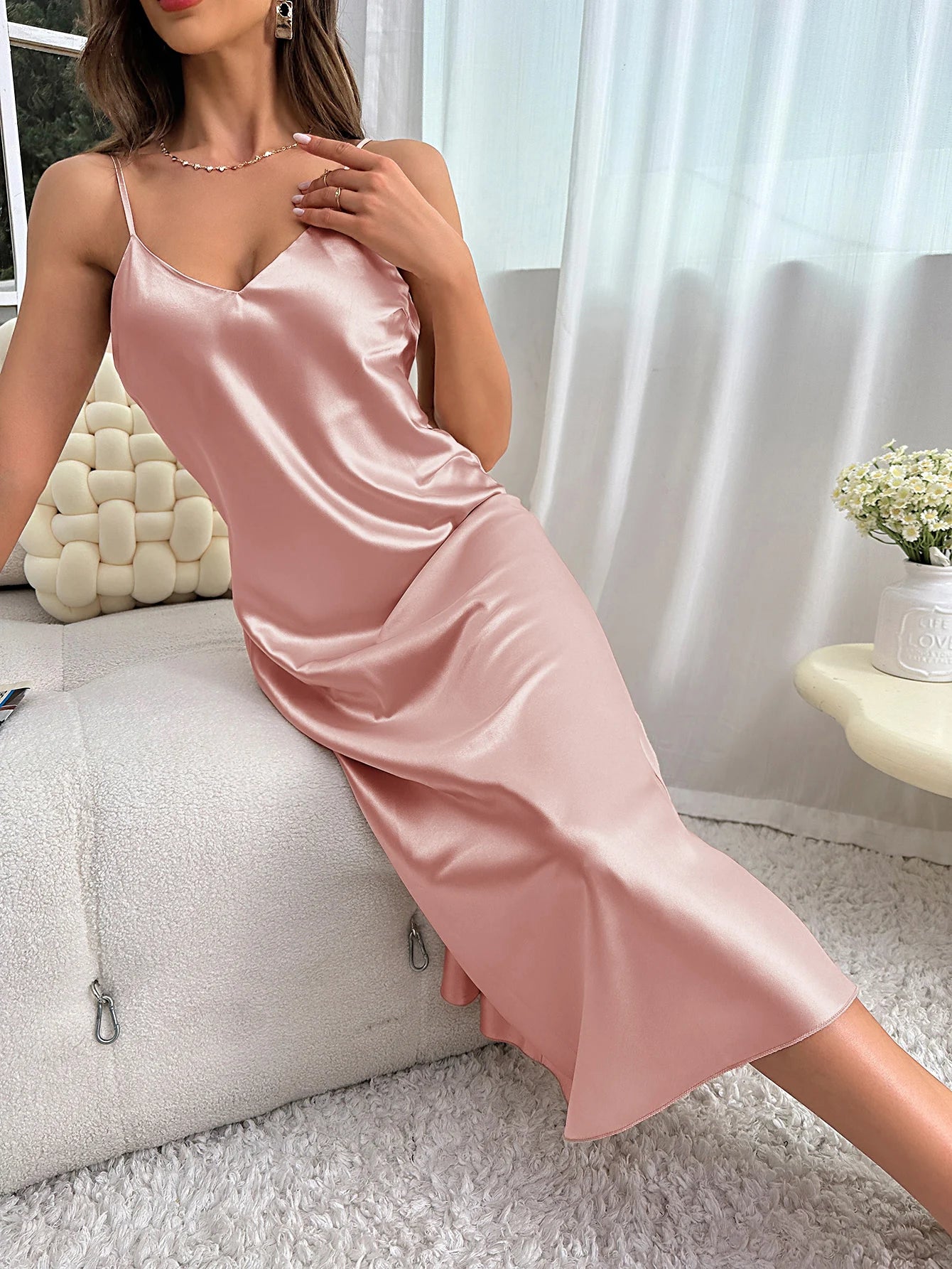 Spaghetti Strap V-Neck Nightdress — Mid-Calf Slip Nightgown | Women's Sleepwear