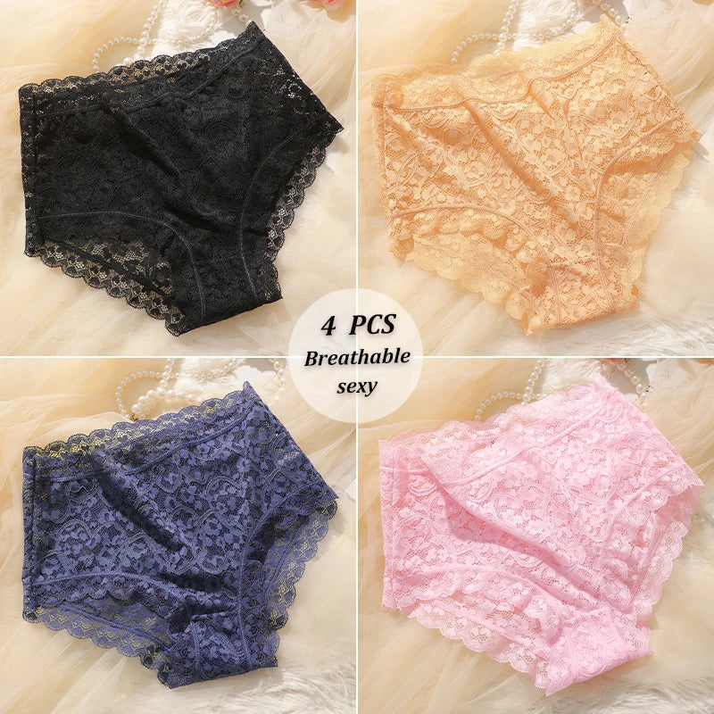 4-Pack High-Waist Lace Panties – Soft Breathable Hollow Briefs for Women (S–3XL, 9 Color Sets)