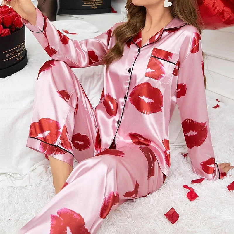 Satin Floral Pajama Set — Long Sleeve Button-Up Top & Pants