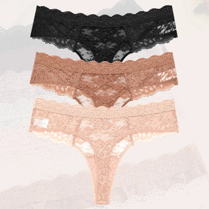 3Pcs Lace Sexy Thongs Women Low-Rise Briefs Sexy Soft Ladies Underwear Trendy Floral Underpants Female Flowery Panty Lingerie