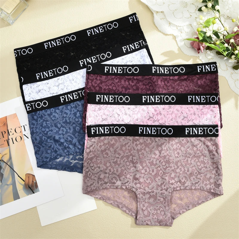 FINETOO 3Pcs Lace Hollow Out Boyshorts Underwear Women's Elastic Belt Panties Sexy Transparent Floral Briefs Breathable Lingerie