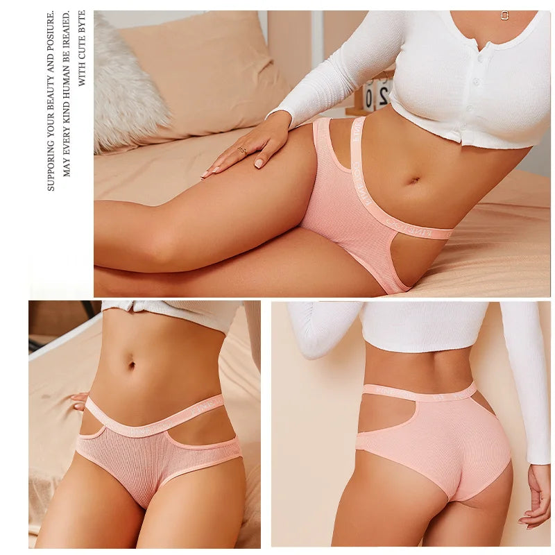 3-Pack Double Letter Belt Hollow-Out Brief Panties – Fashion Cotton Underwear for Women (S–XL, 8 Color Sets)