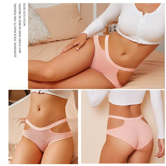 3-Pack Letter-Band Hollow Cotton Brief Panties – Low-Rise Sexy Underwear for Women (S–XL, 8 Color Sets)