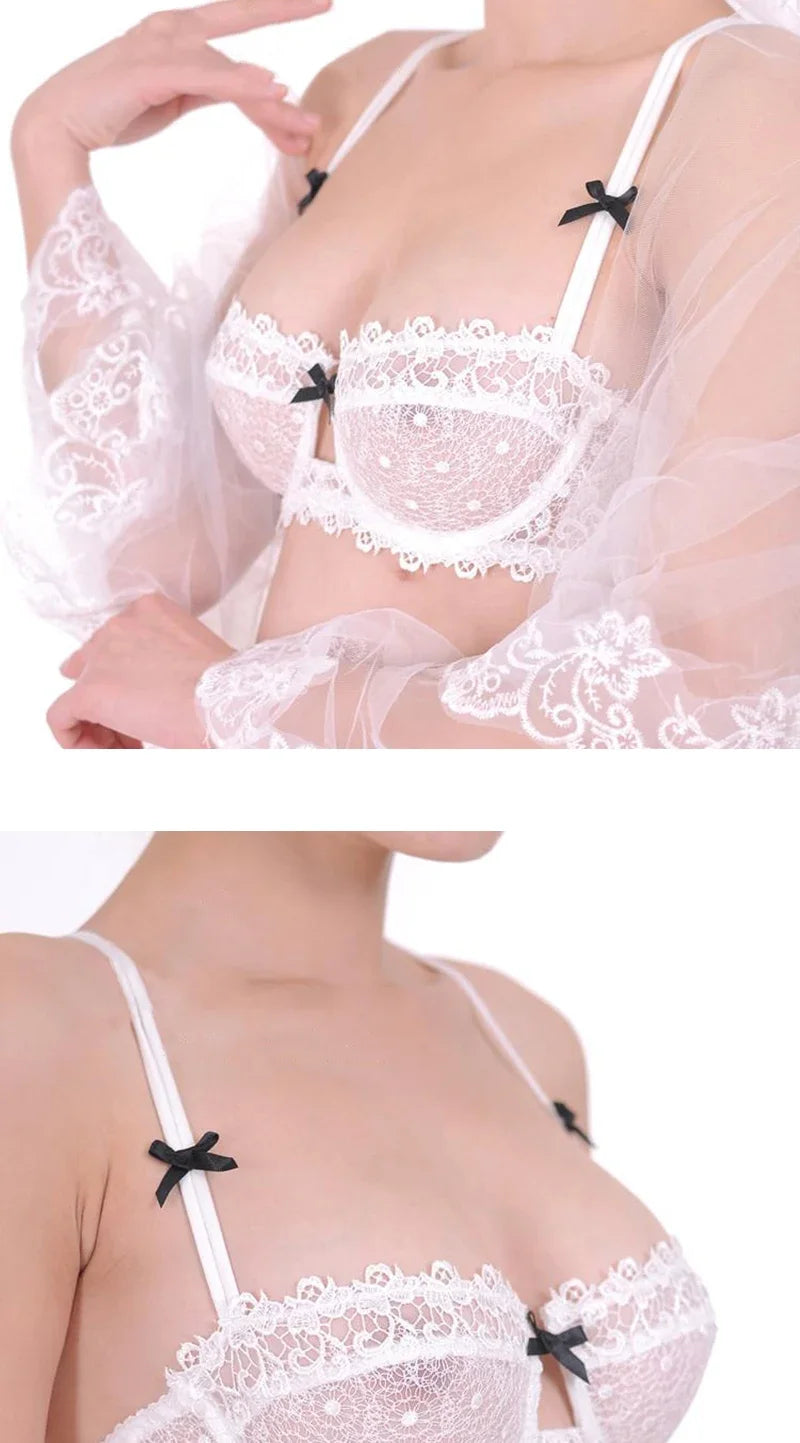 Women's Plus Size Sexy Half Cup Lace Bra | Sheer Mesh Unlined Bralette with Underwire | Natural Lift Lingerie for A-D Cup (70A–95D)