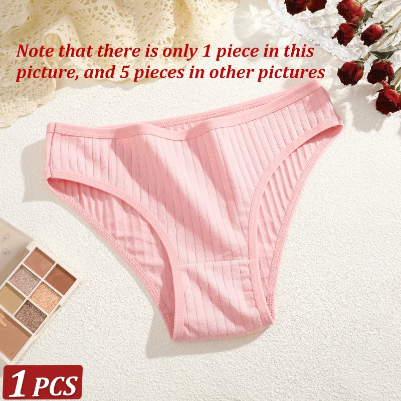 5-Pack Cotton Striped & Solid Brief Panties – Breathable Low-Rise Underwear for Women (M–XL, 12 Color Sets)