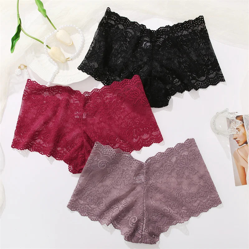 3-Pack Floral Lace Boyshort Panties – Low-Rise Ultra-Thin Underwear for Women (S–XL, 10 Color Sets)
