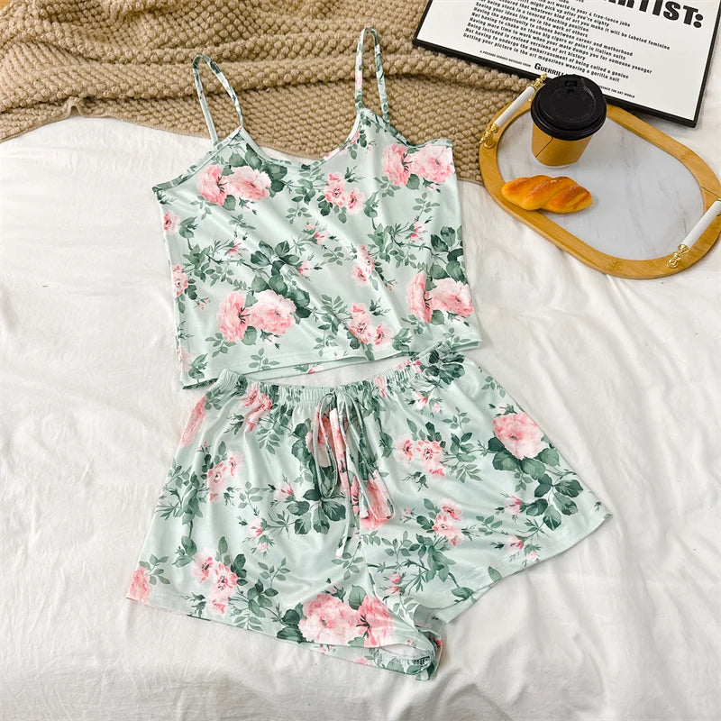 Cherry Print Ice Silk Pajama Set — Sleeveless Cami Top & Shorts