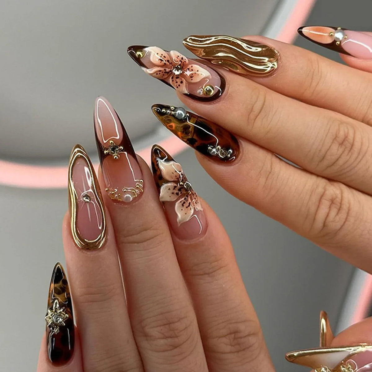Almond Press-On Nails - 3D Floral, Butterfly & French Tip, 24 Pieces