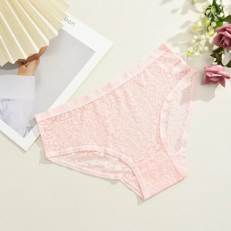 Seamless Floral Lace Brief Panties – Hollow-Out See-Through Underwear for Women (S–2XL, 6 Colors)