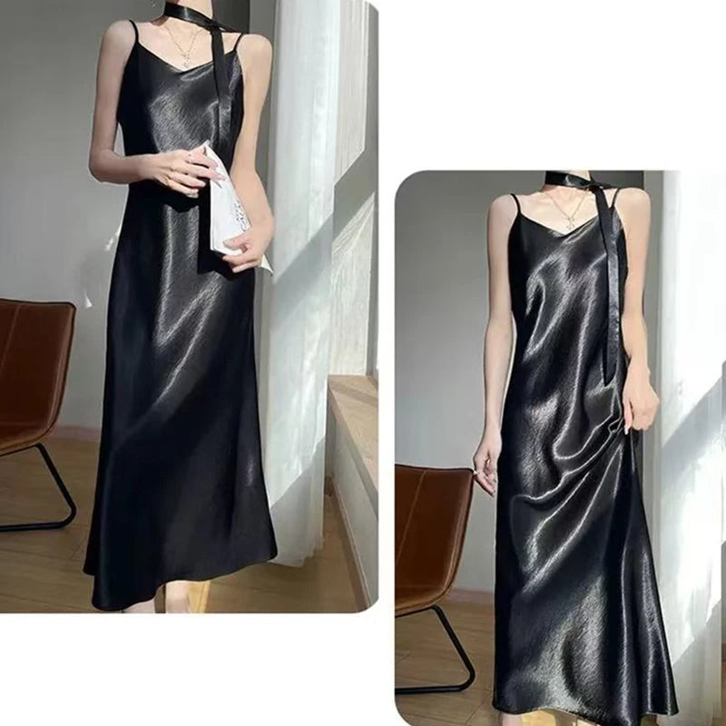 French Elegant Satin Camis Dress Women Summer Loose with Ribbon Midi Dress Female Fashion Aesthetic Party Evening Slip Dress