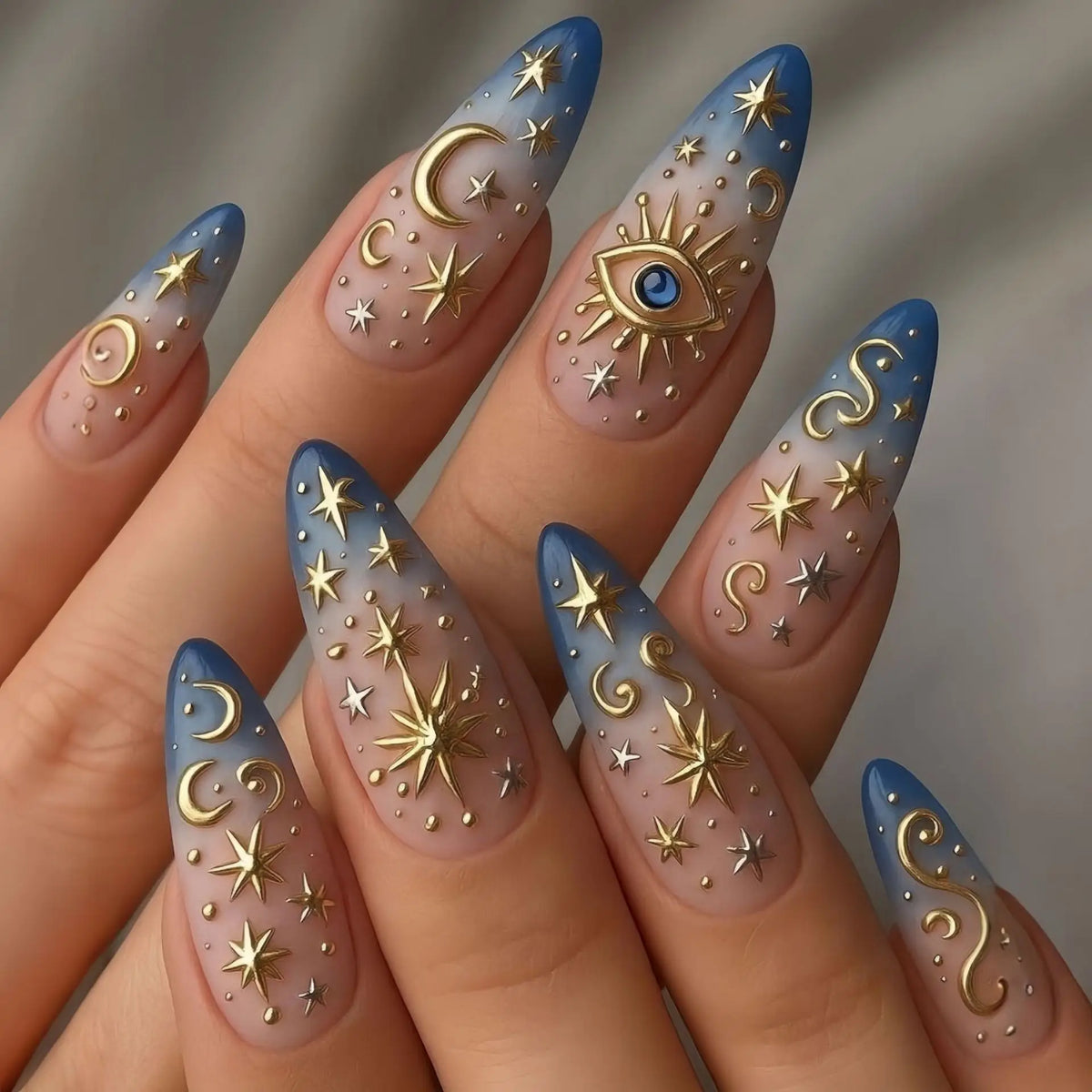 Medium Almond Cat Eye Press-On Nails - Glitter & Gold-Tone Designs, 24 Pieces