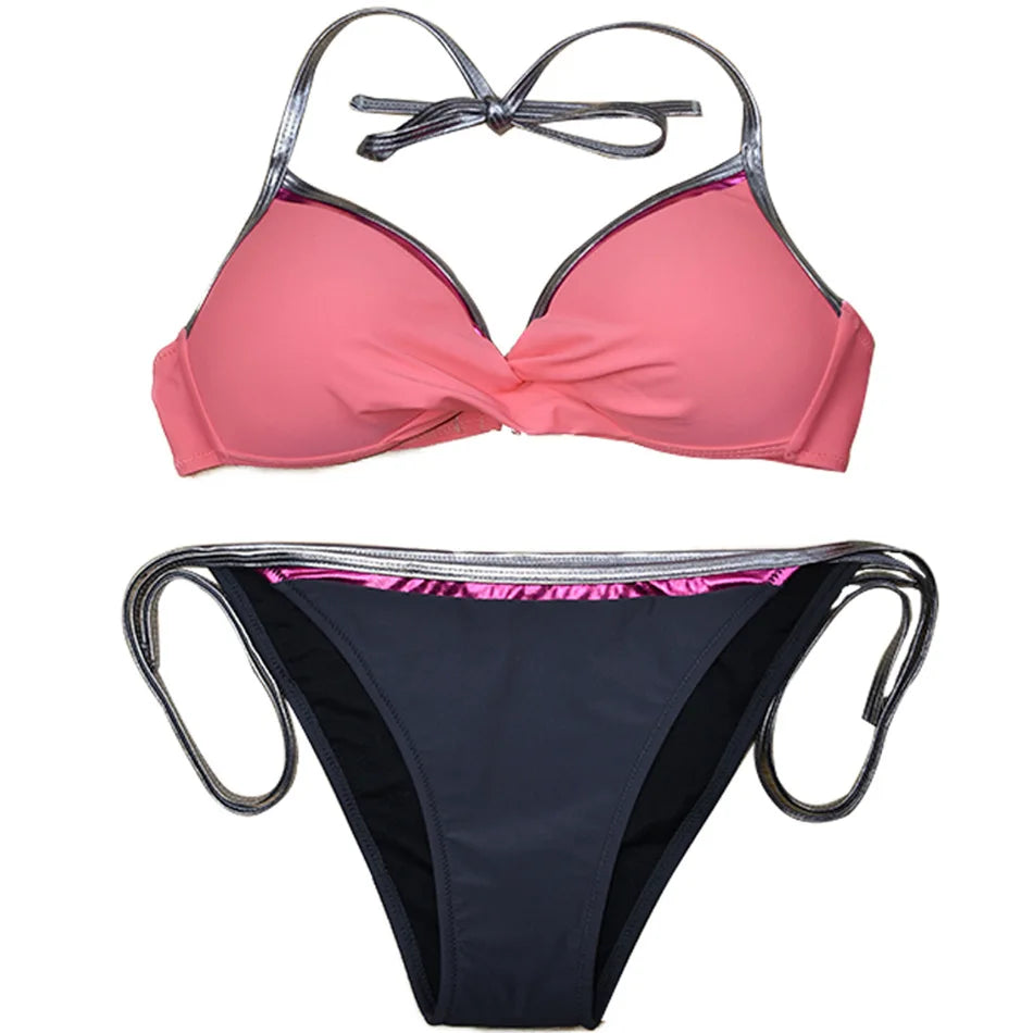 Neon Trim Twist Bikini Set — V-Neck Top & Side-Tie Low Waist Bottoms | Women's Swimwear