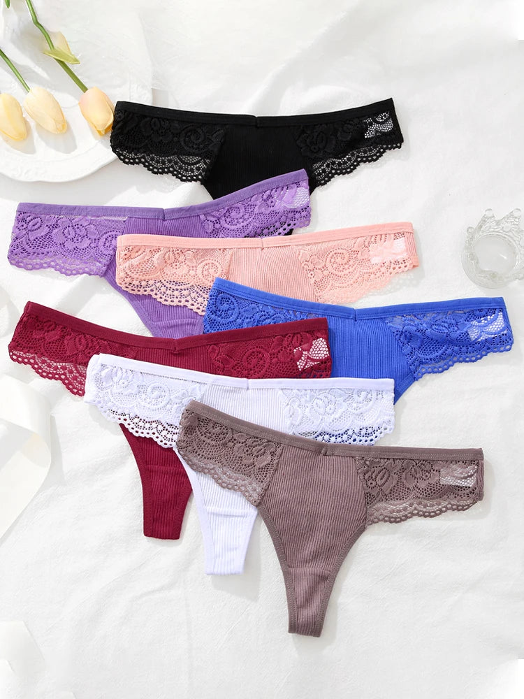7-Pack Cotton Lace-Waist Thongs — Low-Rise Ribbed G-String Panties