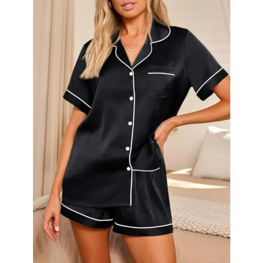 Silk Satin Pajama Set — Button-Down Shirt & Shorts | Women's Sleepwear