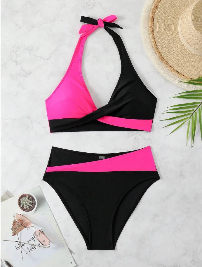 Color Block Wrap Bikini Set — Halter Crossover Top & High Waist Bottoms | Women's Swimwear