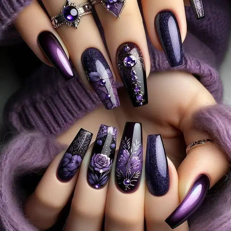 Short Square Press-On Nails - Purple Floral & Gradient French, 24 Pieces