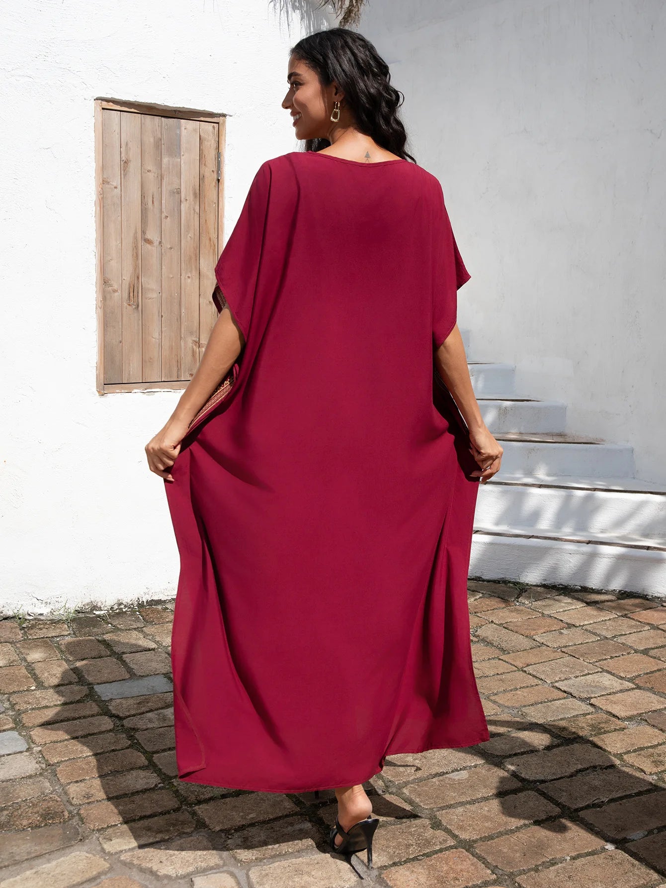 Embroidery Beach Cover-Up Kaftan — Loose V-Neck Long Robe | Women's Swimsuit Cover-Up