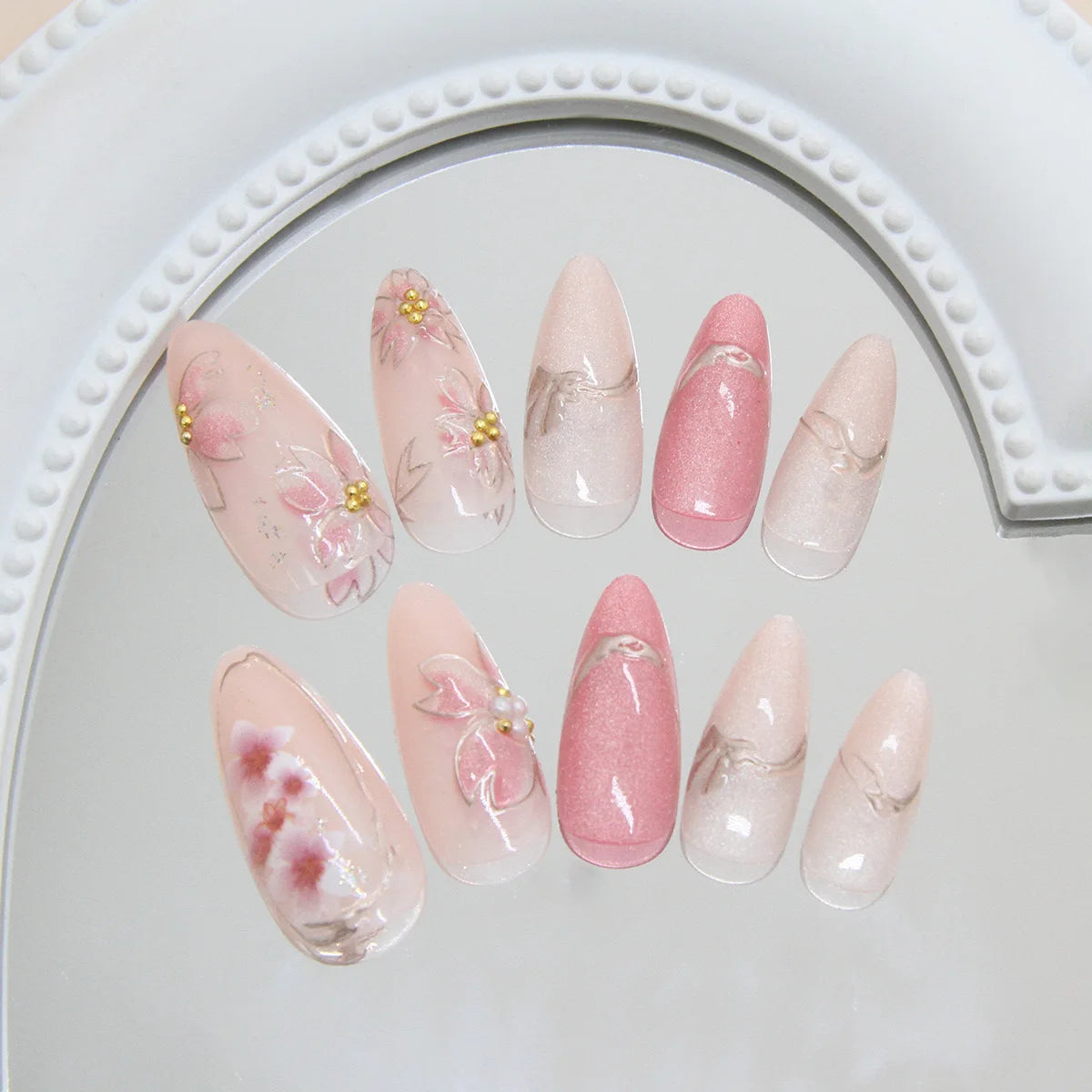 Pink Floral Press-On Nails – Almond Flower Designs, 24 Pieces