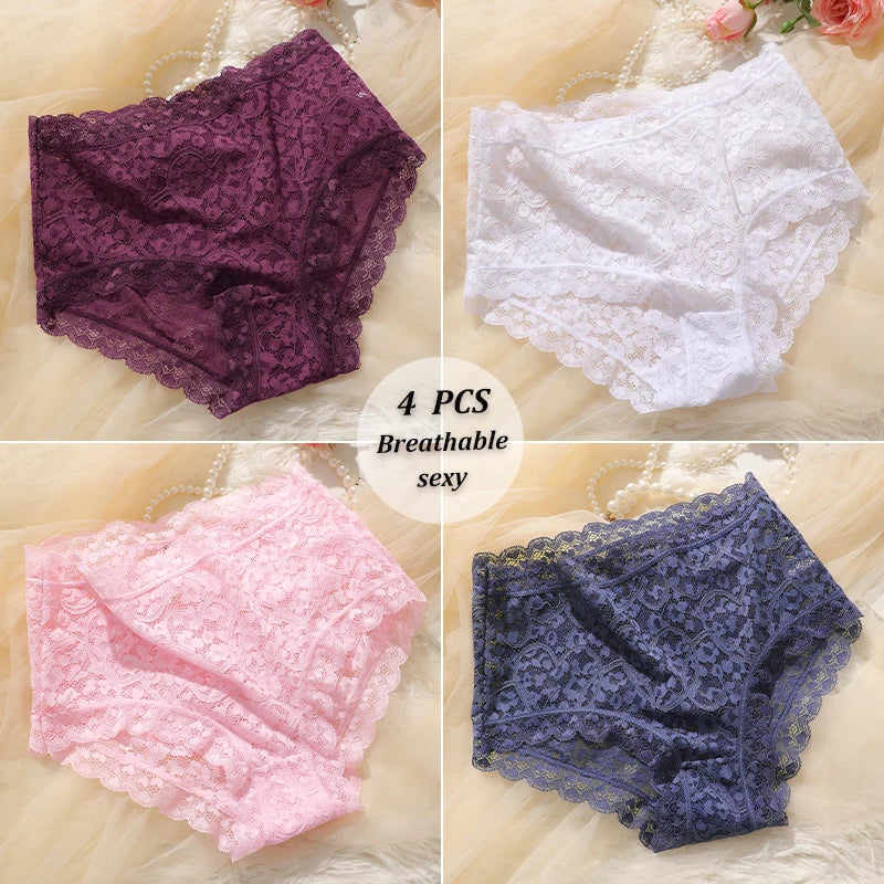 4-Pack High-Waist Lace Panties – Soft Breathable Hollow Briefs for Women (S–3XL, 9 Color Sets)