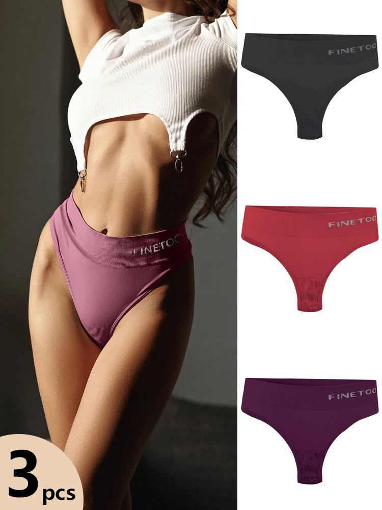 FINETOO 3pcs Women's Stretchy Panties Sexy High Waist Thongs Plus Size Underwear for Female Breathable Solid Soft Lingerie M-2XL