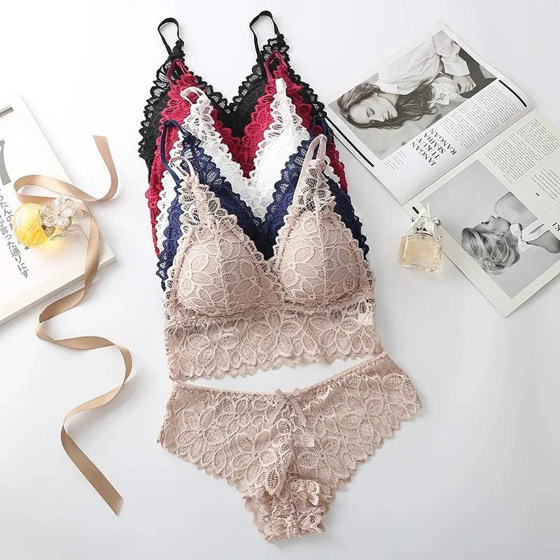 Floral Embroidery Lace Bra & Panty Set — Wire-Free Padded Bralette | Women's Lingerie