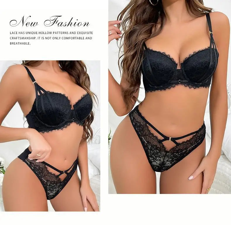 Floral Embroidery Push-Up Bra & Panty Set – Underwire, ¾ Cup, Hollow Design | Women's Lingerie