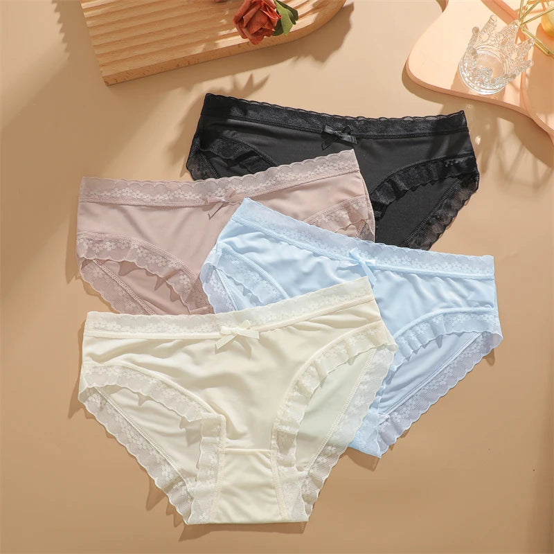 4Pcs Ice Silk Lace Panties Seamless Soild Underwear For Women Sexy Ultra-thin Breathable Briefs Girls Soft Transparent Lingerie