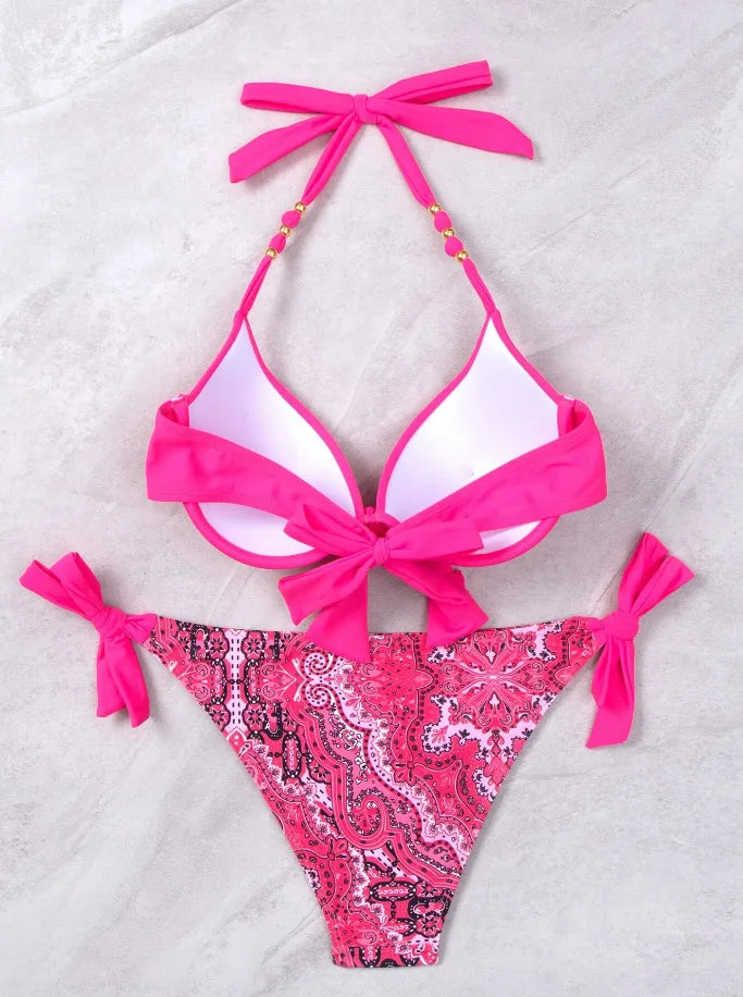 Push-Up Halter Bikini Set — Bow-Tie Top & Printed Side-Tie Bottoms | Women's Swimwear
