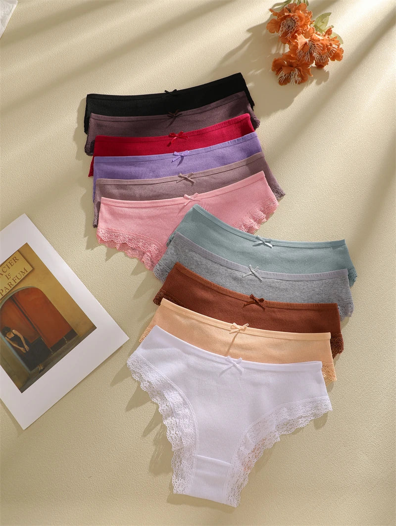 FINETOO 6PCS Women's Cotton Lace Underwear Sexy Crossed Belts Brazilian Panties Female Low Rise Breathable Briefs Soft Lingerie