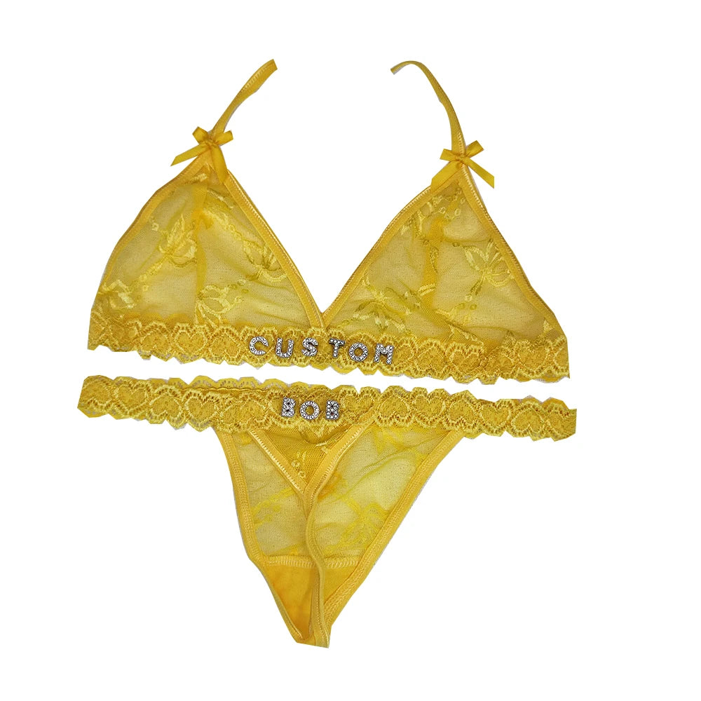 Personalized Rhinestone Thong & Bra Set – Custom Name Lingerie