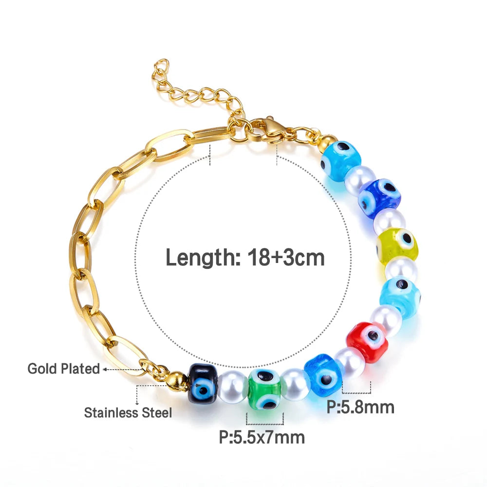 Evil Eye Bracelet – 18K Gold-Plated Stainless Steel Boho Charm Bracelet for Women