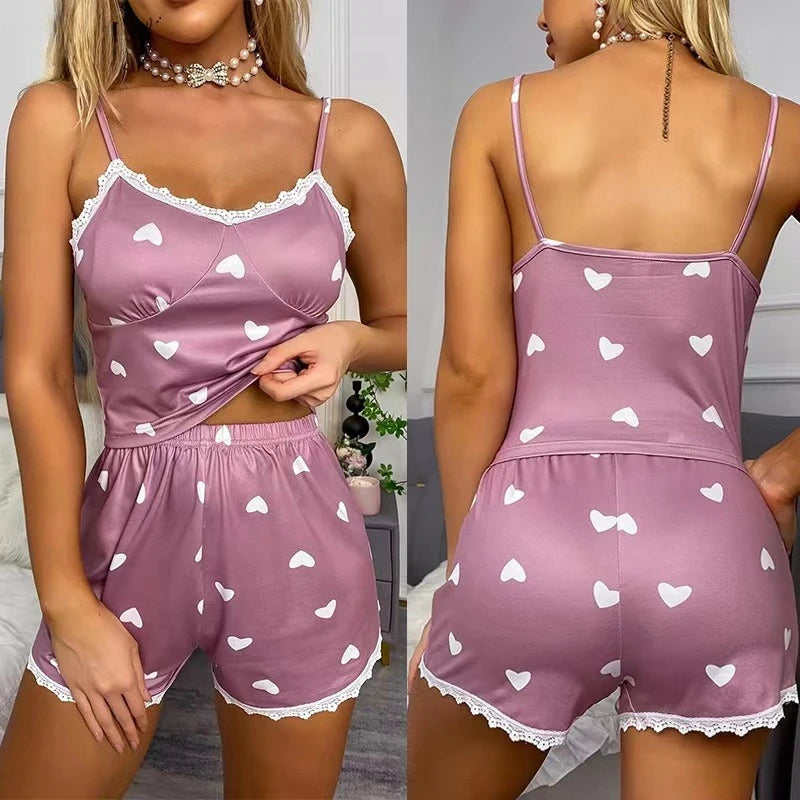 Lace-Trim Printed Suspender Pajama Set – V-Neck Top & Shorts, 100% Cotton Summer Sleepwear (S–2XL)