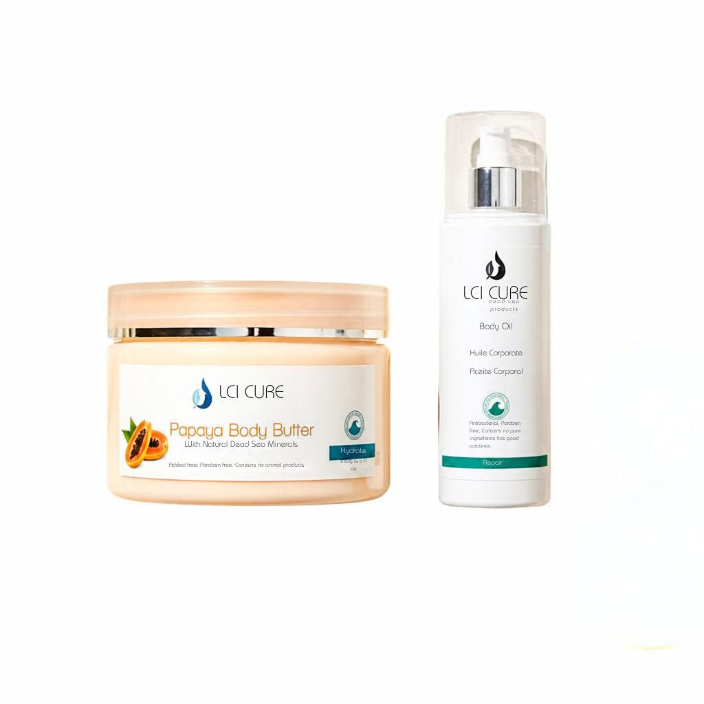 A skincare set from LCI CURE featuring a jar of Papaya Body Butter with a peach-colored lid and white label, next to a white pump bottle of Body Oil with a clear cap, on a white background.