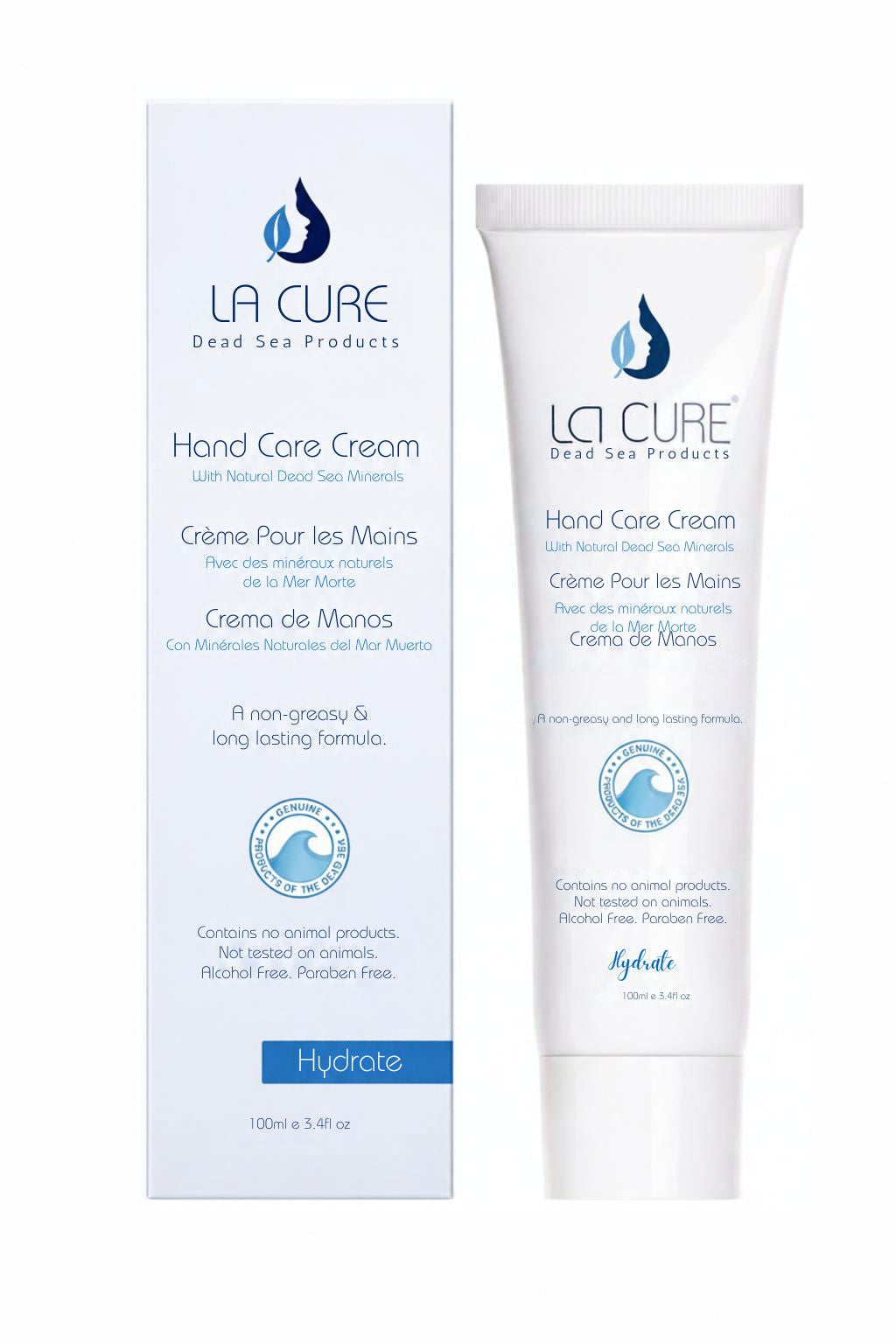 La Cure Dead Sea Products Hand Care Cream shown as a white squeeze tube next to its matching white and blue packaging box on a plain white background.