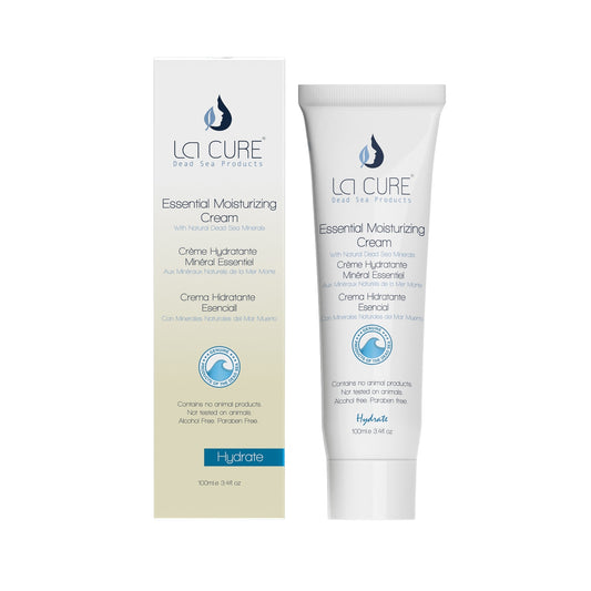 LAI CURE Dead Sea Products Essential Moisturizing Cream shown in both its outer cardboard packaging box and its squeeze tube, on a clean white background.