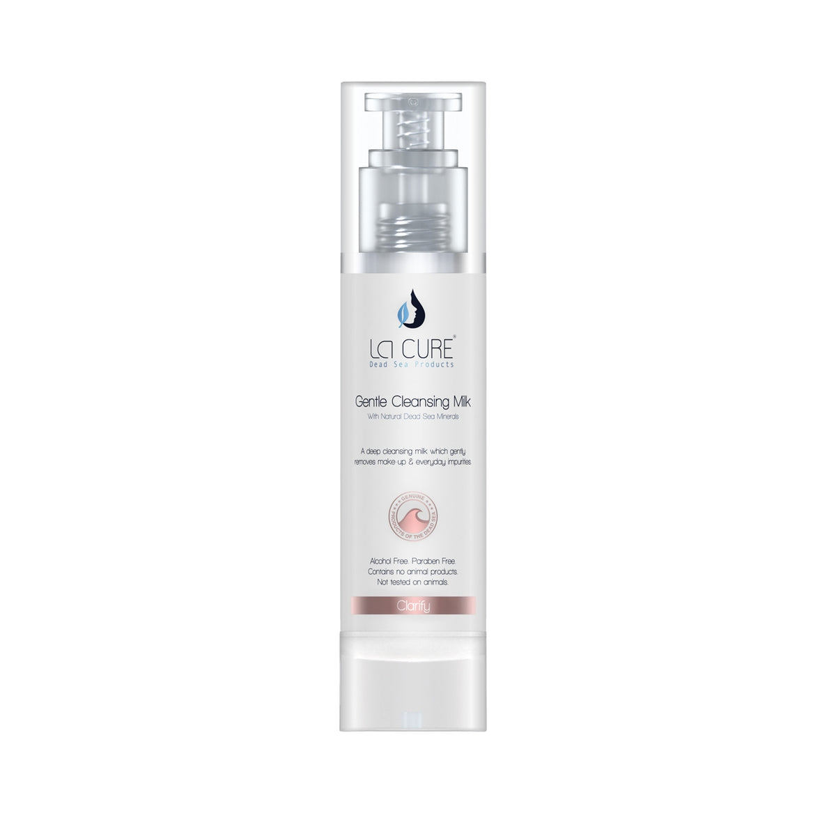 LQ CURE Gentle Cleansing Milk in a clear cylindrical pump bottle with a white label and silver pump, shown on a plain white background.