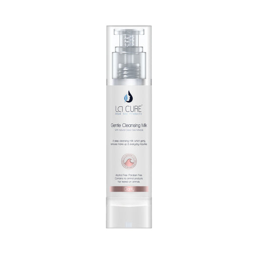LQ CURE Gentle Cleansing Milk in a clear cylindrical pump bottle with a white label and silver pump, shown on a plain white background.