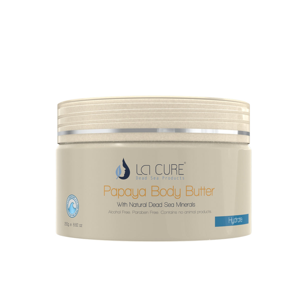 A jar of La Cure Dead Sea Body Butter, specifically the Papaya variant, shown on a plain white background. The container is a light beige/cream color with a matching ribbed lid, featuring orange and blue text on the label.
