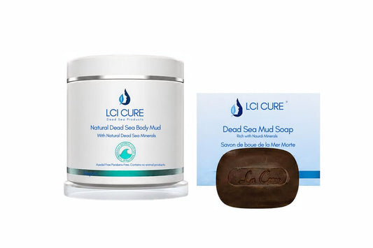LCI Cure Dead Sea Mud Soap and Dead Sea Mud Body Mud set, featuring a white jar, a dark brown bar of soap, and its blue and white packaging box on a white background.