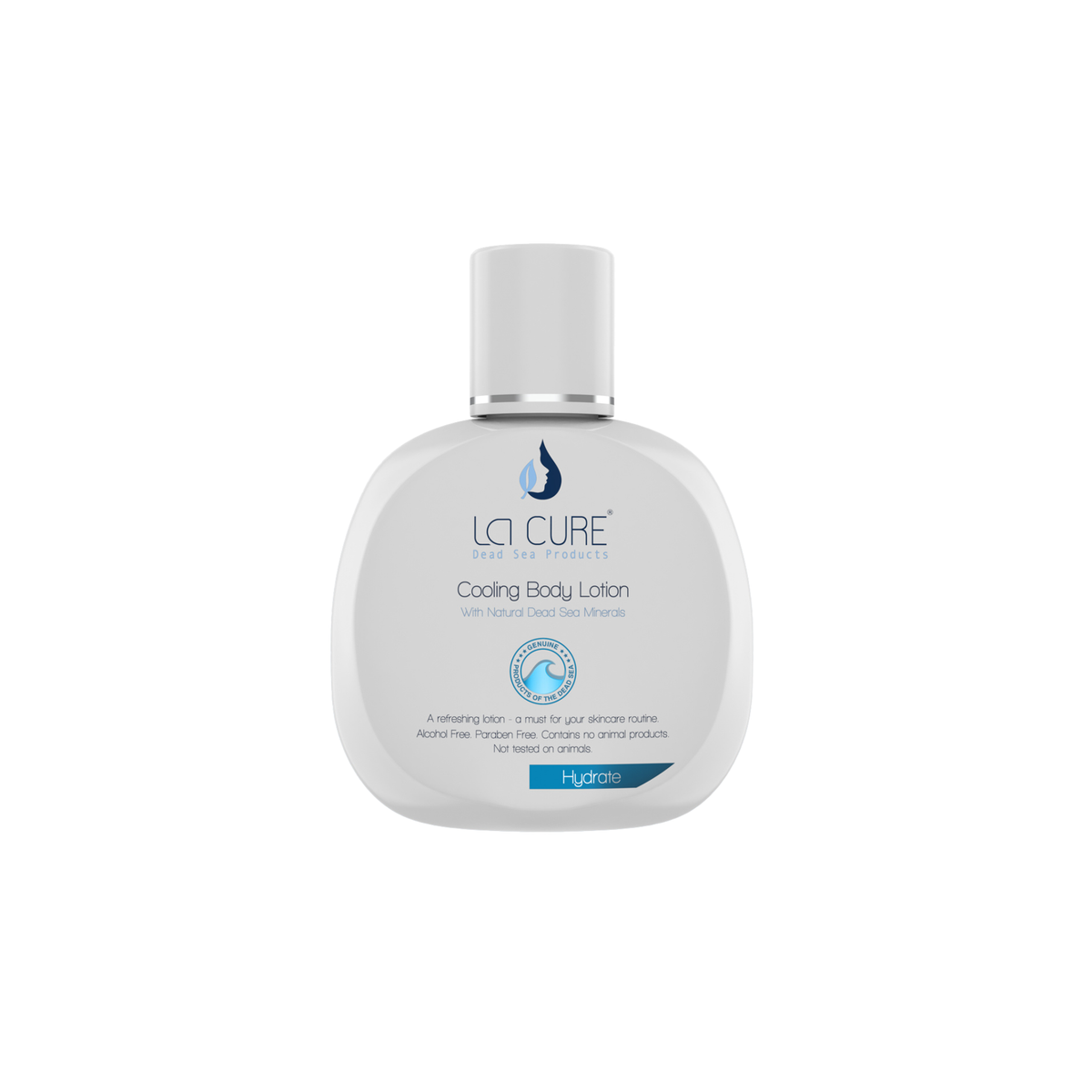LA CURE Cooling Body Lotion in a white bottle with a white cap and silver collar, on a plain white background.