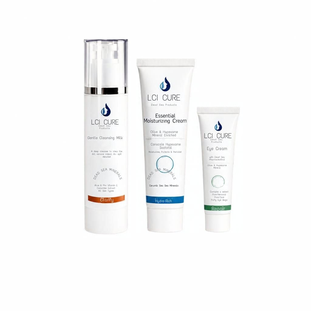 Three white cosmetic tubes and a bottle from LCI CURE skincare on a plain white background, including Gentle Cleansing Milk, Essential Moisturizing Cream, and Eye Cream.