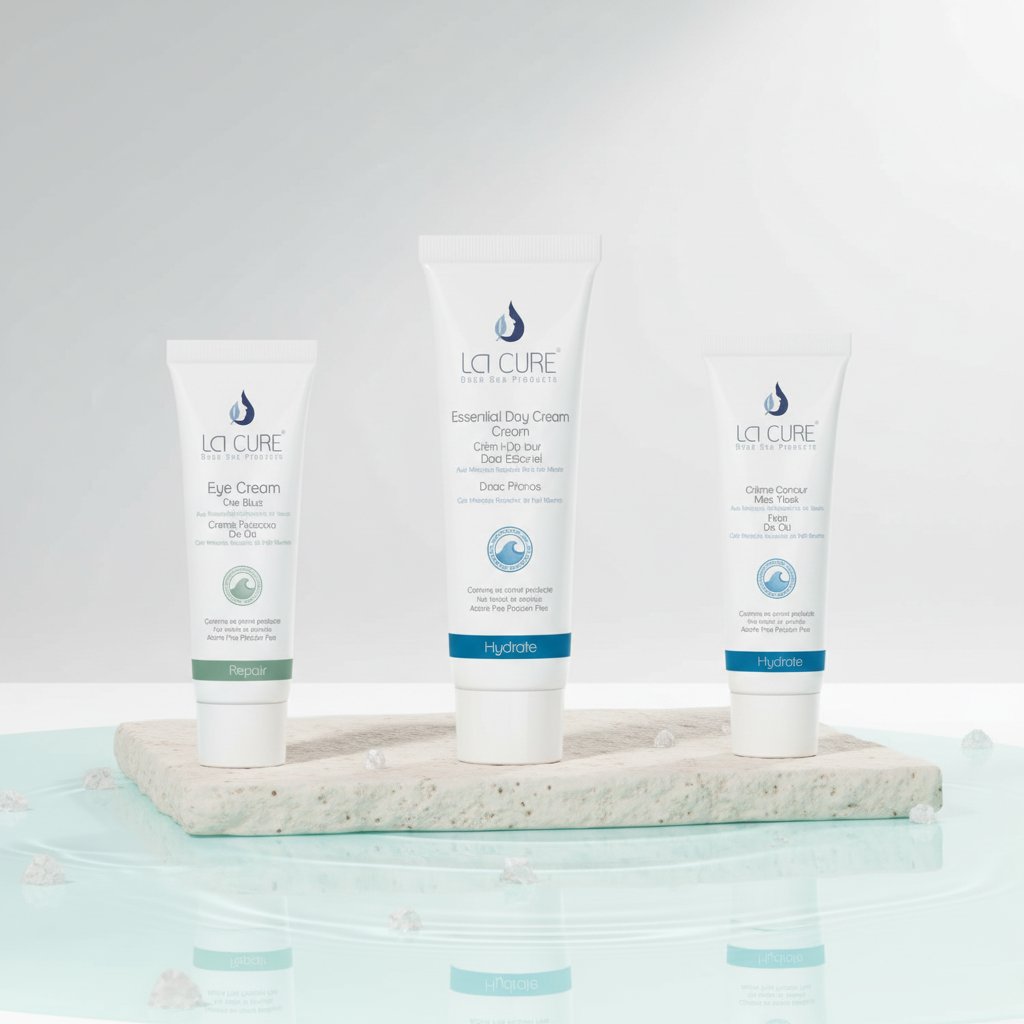 Three LCI CURE skincare tubes standing on a light stone slab over a reflective pale blue surface. The center tube is larger and labeled 'Essential Eye Cream', flanked by a smaller 'Eye Cream' tube on the left and a 'Cream Formula' tube on the right.