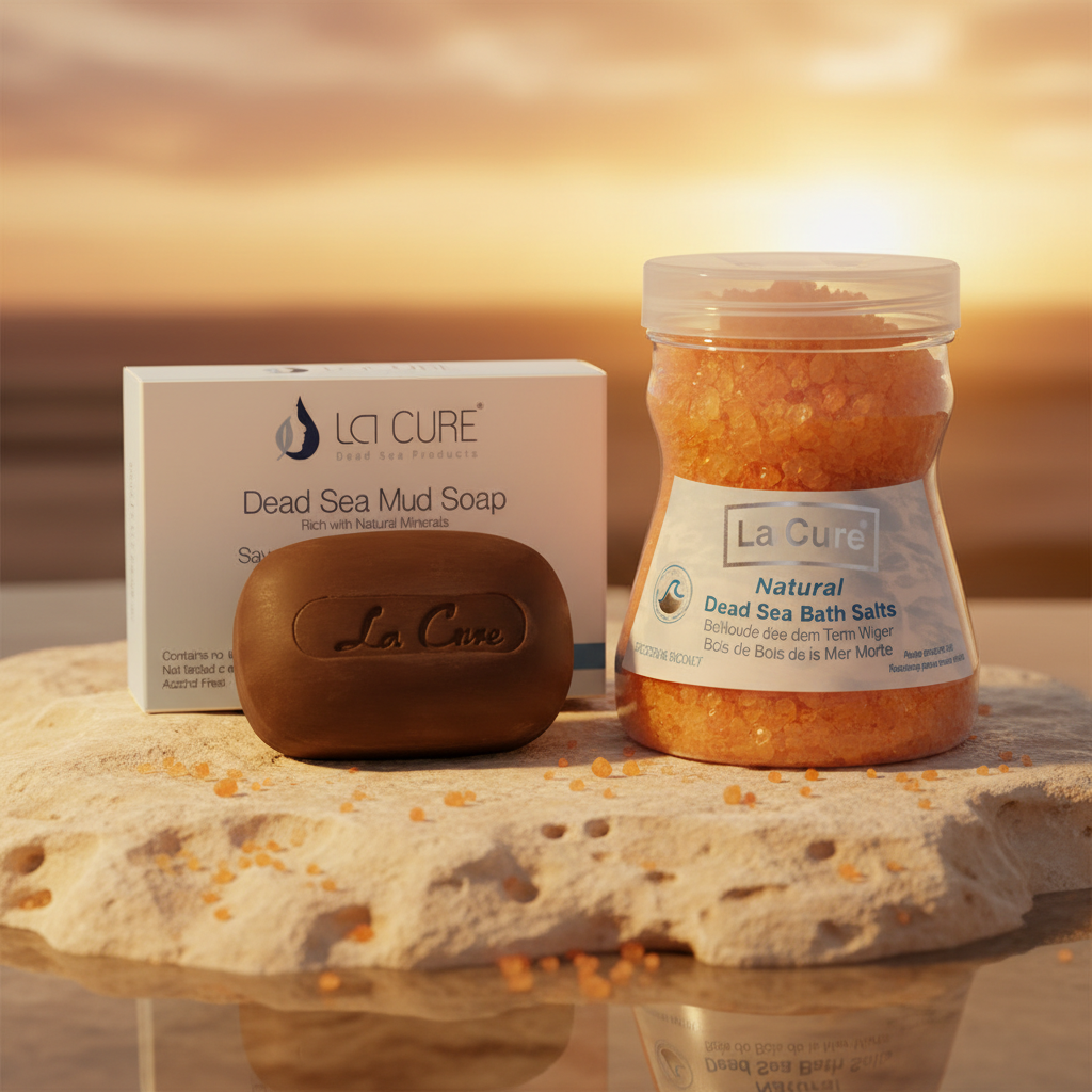 La Cure Dead Sea Mud Soap bar next to its white packaging box, and a jar of La Cure Natural Dead Sea Bath Salts, all arranged on a textured stone surface with scattered bath salts against a warm sunset background.